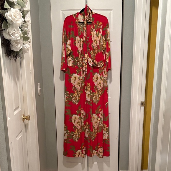 Dresses & Skirts - Floral Red Maxi Dress with Tie Waist Plus Size 3X
